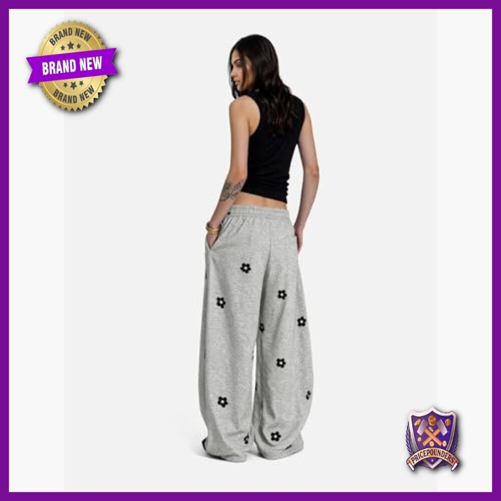 Wide Leg Sweatpants with Floral Embroidery, Elastic Waist, Y2K Style - Picture 4 of 7